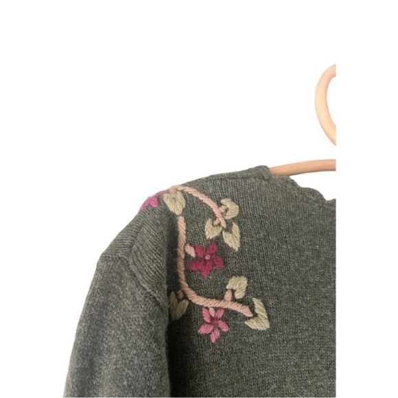 Tulchan Wool Olive Green Knitted Pink Florals with Petal Trim Neckline Large - Picture 4 of 13